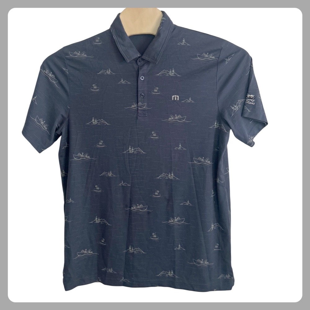 Travis Mathew Mens XL Navy Blue Boat Mountain Print Polo Shirt Torrey Pines Golf